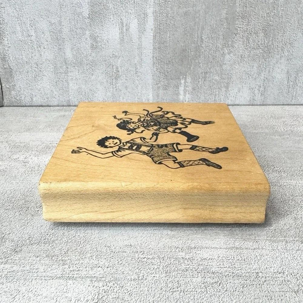 Vintage 1997 Wood Mounted Rubber Stamp German Folk Art Dancing Children Boy Girl